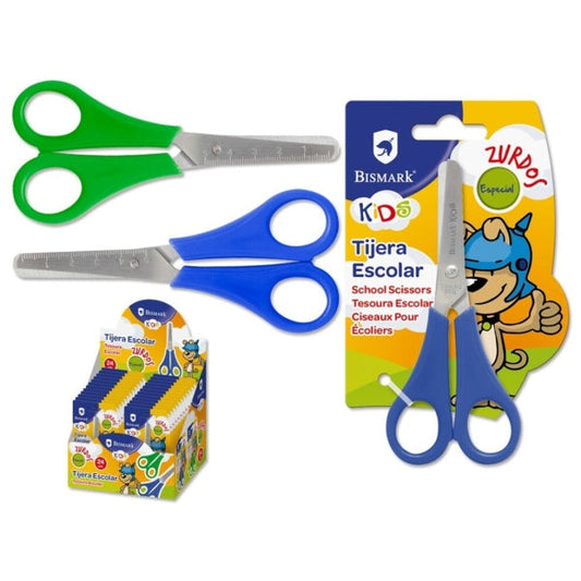 Bismark Kids Tijera Escolar para Zurdos - Mangos en Plastico - Punta Roma - Colores Azul y Verde - Cantidad: 24