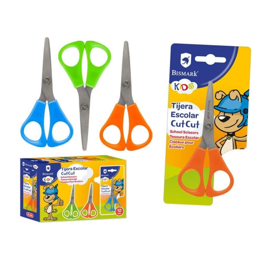 Bismark Kids Cut-Cut Tijera Escolar - Mangos en Plastico - Punta Roma - Colores Surtidos - Cantidad: 12