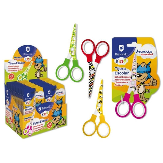 Bismark Kids Deco Tijera Escolar 13cm - Acero de Aleacion Extra - Hojas Decoradas - Mangos en Plastico - Punta Roma - 4 Diseños Surtidos - Cantidad: 24