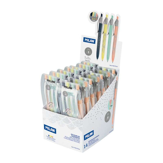 Milan P1 Silver Expositor de 14 Packs de 4 Boligrafos de Bola Retractiles - Punta Redonda 1mm - Tact