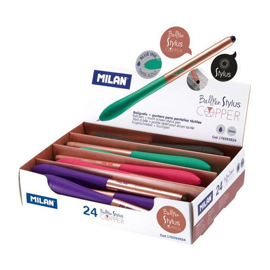 Milan Stylus Copper Expositor de 24 Boligrafos de Bola Retractiles - Punta 1mm - Puntero para Pantal