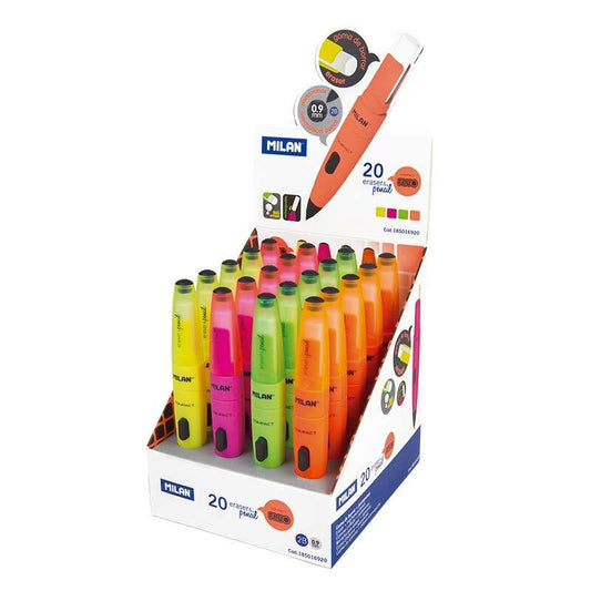 Milan Capsule Fluo Expositor de 20 Portaminas con Goma - Mina 0.9mm 2B Grafito - Pulsador Mecanico -