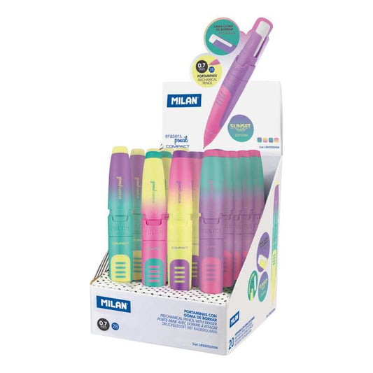 Milan Compact Sunset Expositor de 20 Portaminas - Mina 0.7mm 2B Grafito - Goma Milan Extra Grande -
