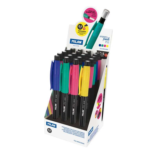 Milan PL1 Expositor de 20 Portaminas - Mina 0.5mm HB Grafito - Goma Milan Extra Larga - Colores Surt