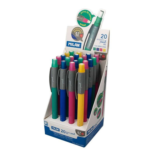 Milan PL1 Expositor de 20 Portaminas - Mina 0.7mm HB Grafito - Goma Milan Extra Larga - Colores Surt