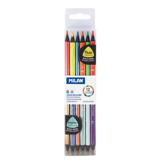 Milan Pack de 6 Lapices Bicolores Triangulares - Mina de 2.9mm - Forma Ergonomica - Resistente a la