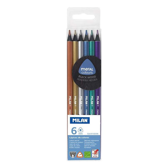 Milan Pack de 6 Lapices Triangulares de Colores Metalizados - Mina 2.9mm - Ergonomicos - Resistente