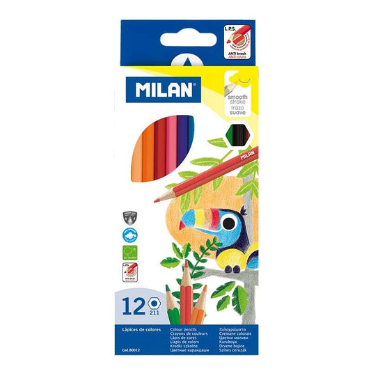 Milan Pack de 12 Lapices Hexagonales de Colores - Mina 2.9mm - Trazo Uniforme - Resistente a la Rotu