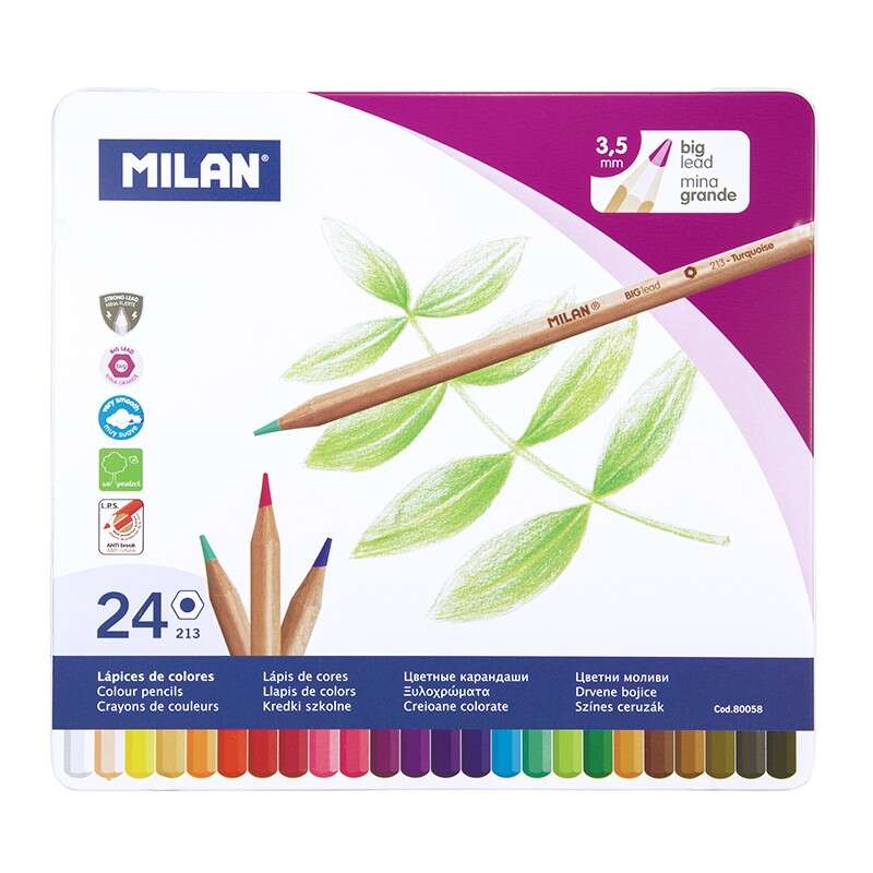 Milan Pack de 24 Lapices Hexagonales de Colores - Mina gruesa 3.5mm - Trazo Uniforme - Resistente a
