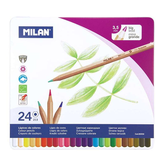 Milan Pack de 24 Lapices Hexagonales de Colores - Mina gruesa 3.5mm - Trazo Uniforme - Resistente a