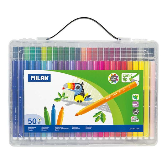 Milan Maletin de 50 Rotuladores de Punta Conica - Punta 5 mm - Tinta a base de agua - Mezclable entr