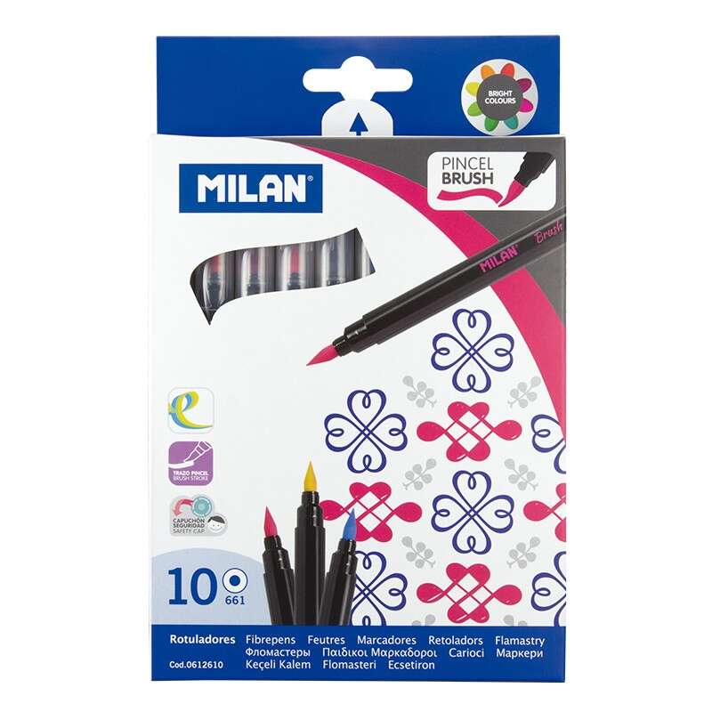 Milan Pack de 10 Rotuladores con Punta de Pincel - Trazo de 0.5 a 4mm - Tinta a Base de Agua - Mezcl
