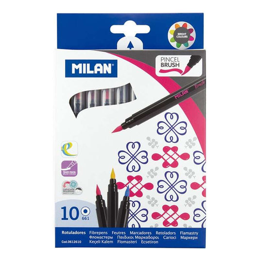 Milan Pack de 10 Rotuladores con Punta de Pincel - Trazo de 0.5 a 4mm - Tinta a Base de Agua - Mezcl