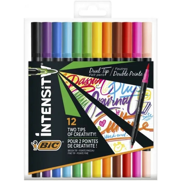 Bic Intensity Dual Tip Pack de 12 Rotuladores Doble Punta - Punta de Pincel + Punta Fina - Tinta con