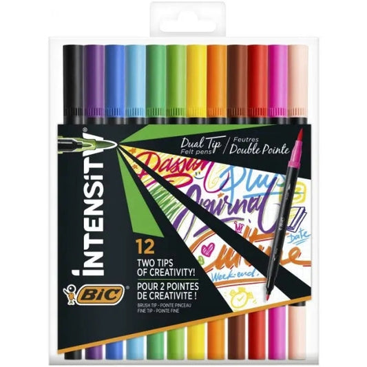 Bic Intensity Dual Tip Pack de 12 Rotuladores Doble Punta - Punta de Pincel + Punta Fina - Tinta con