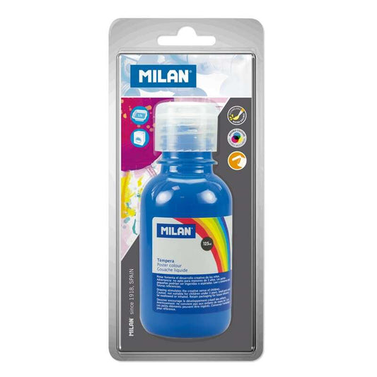 Milan Botella de Tempera 125 ml - Tapon Dosificador - Secado Rapido - Mezclable - Color Cyan - Cantidad: 3