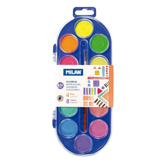 Milan Estuche de 12 Acuarelas Ø30 mm + Pincel  Serie 101 - Mezclable - Colores Fluorescentes y Metalizados