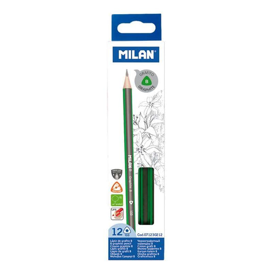 Milan Pack de 12 Lapices de Grafito Triangulares - Mina B de 2.4mm - Resistente a la Rotura - Para E