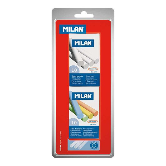Milan Pack de 2 Cajas de 10 Tizas, 1xCaja Tizas Blancas, 1x Caja Tizas Colores - Redondas - No Conti