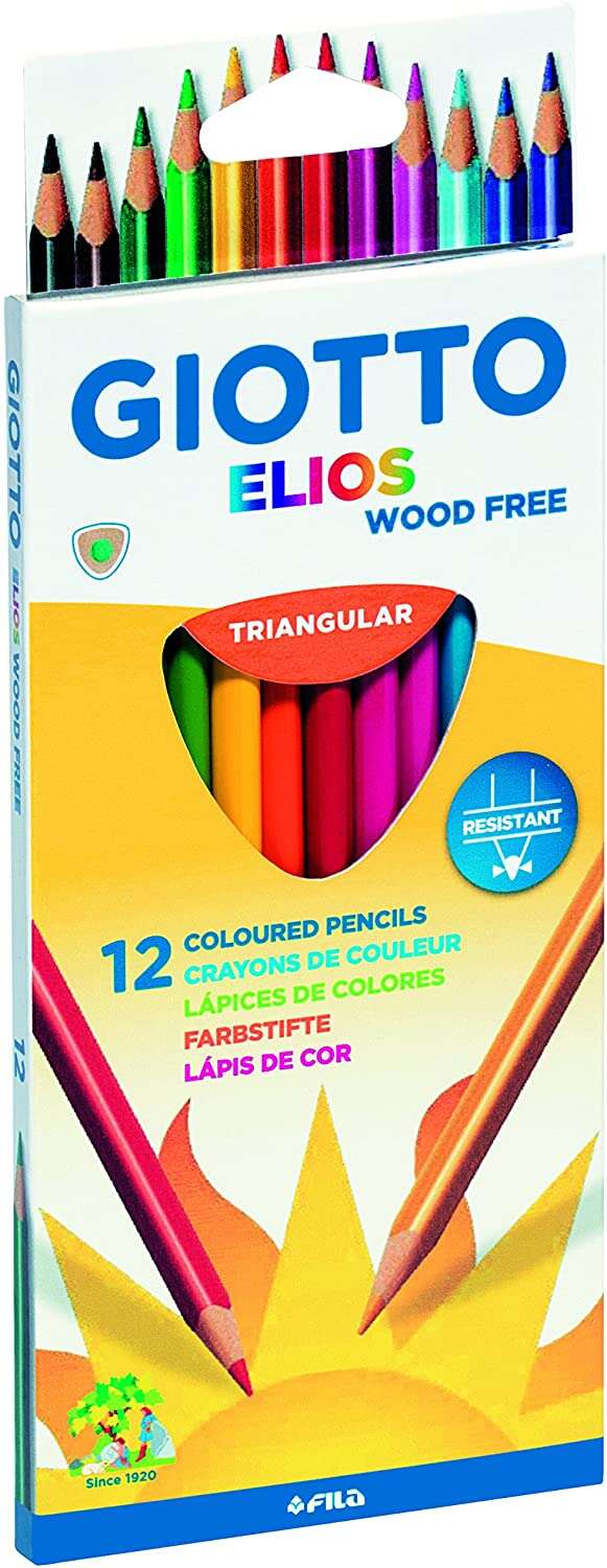 Giotto Elios Wood Free Pack de 12 Lapices Triangulares de Colores - Sin Madera - Mina 3.3 mm - Color