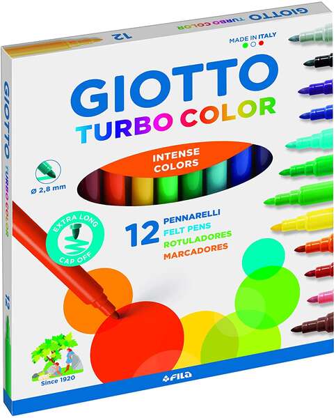 Giotto Turbo Color Pack de 12 Rotuladores - Punta Fina 2.8 mm. - Tinta al Agua - Lavable - Colores S