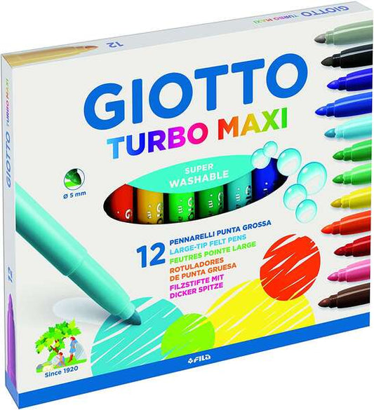 Giotto Turbo Maxi Pack de 12 Rotuladores - Punta Gruesa  5mm - Tinta al Agua - Lavable - Colores Sur