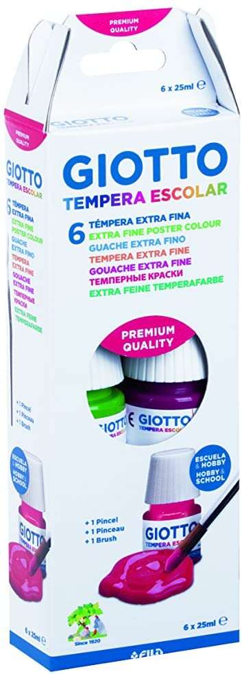 Giotto Tempera Pack de 6 Botes de 25 ml. + Pincel - Base Agua - Excelente Cobertura - Colores Surtid