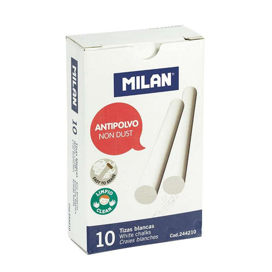 Milan Pack de 10 Tizas de Carbonato de Calcio - Redondas - Antipolvo - No Contienen Caseina ni Yeso
