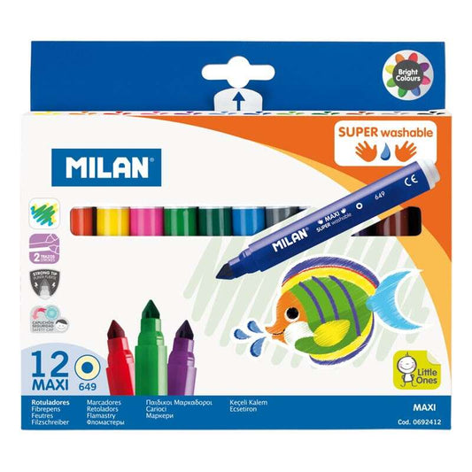 Milan Pack de 12 Rotuladores Super Lavables Maxi - Punta Conica 7.5mm - Tinta al Agua - Lavable - Co