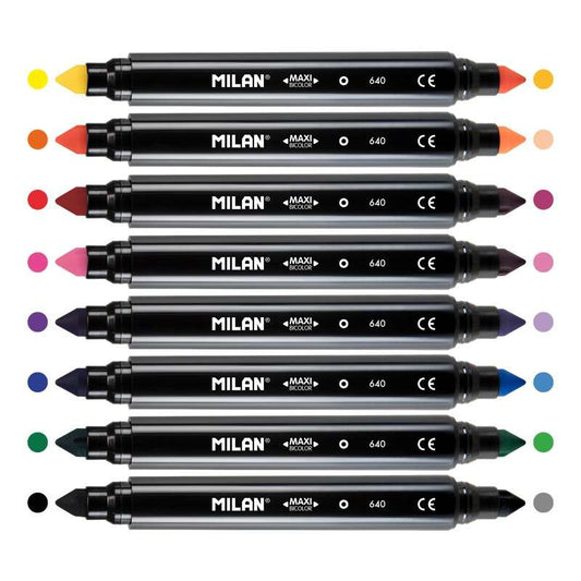 Milan Pack de 8 Rotuladores Maxi Bicolor Doble Punta - Punta Conica 7.5mm - Tinta al Agua - Lavable