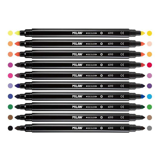Milan Pack de 10 Rotuladores Bicolor Doble Punta - Punta Conica 5mm - Tinta al Agua - Lavable - Colo