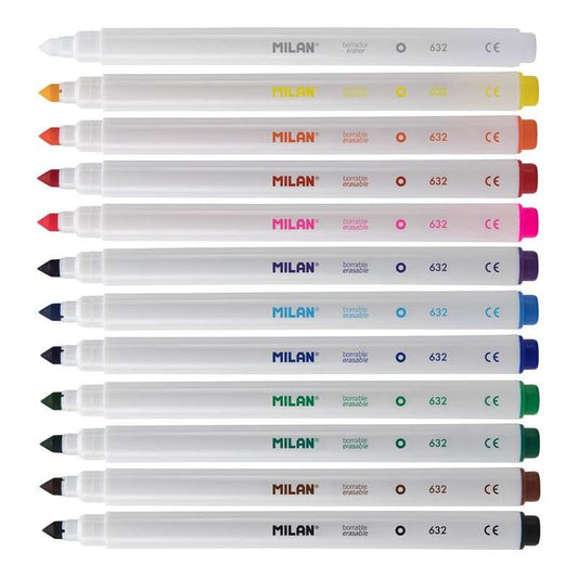 Milan Pack de 11 Rotuladores Borrables + 1 Rotulador Borrador - Punta Conica 5mm - Tinta al Agua - L