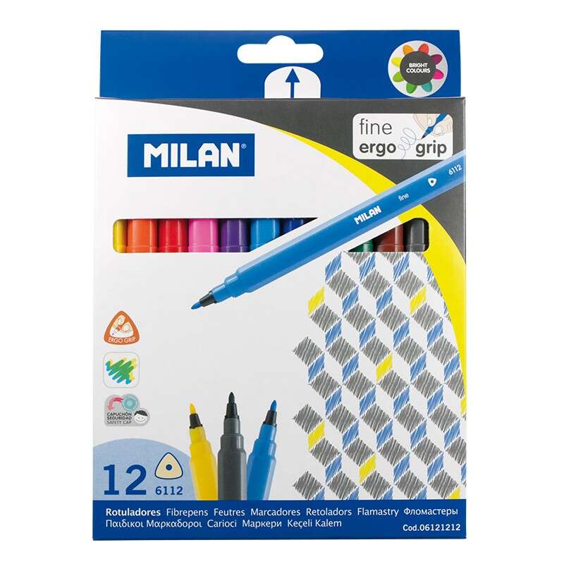 Milan Pack de 12 Rotuladores Triangulares - Punta Fina Conica 2mm - Tinta al Agua - Lavable - Colore
