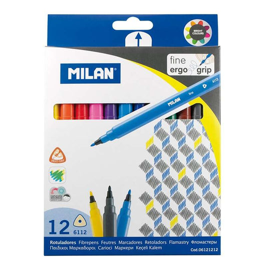 Milan Pack de 12 Rotuladores Triangulares - Punta Fina Conica 2mm - Tinta al Agua - Lavable - Colore