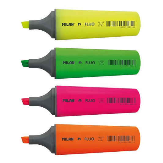 Milan Fluo Pack de 4 Marcadores Fluorescentes - Punta Biselada 1 - 4.8mm - Colores Amarillo, Naranja