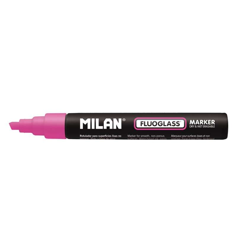 Milan Fluoglass Rotulador para Superficies Lisas - Punta Biselada - Trazo de 2 a 4mm - Tinta al Agua