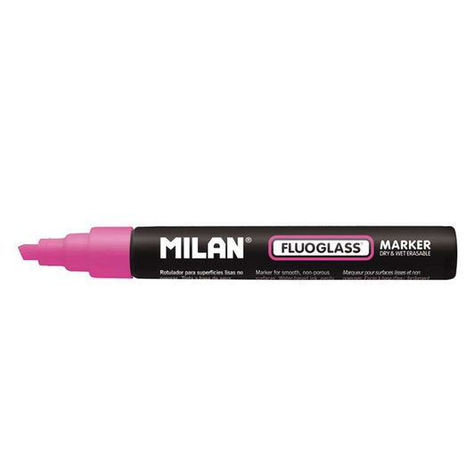 Milan Fluoglass Rotulador para Superficies Lisas - Punta Biselada - Trazo de 2 a 4mm - Tinta al Agua