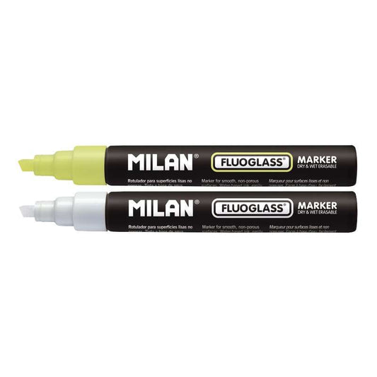 Milan Fluoglass Pack de 2 Rotuladores para Superficies Lisas - Punta Biselada - Trazo de 2 a 4mm - T