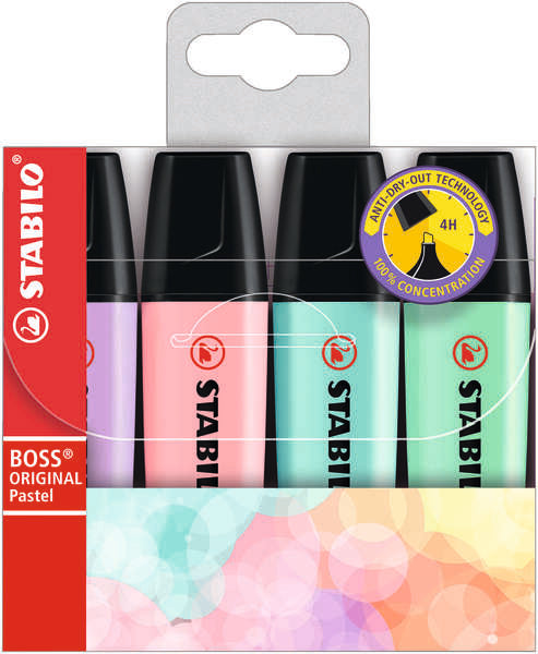 Stabilo Boss 70 Pastel Pack de 4 Rotuladores Marcadores Fluorescentes - Trazo entre 2 y 5mm - Recarg