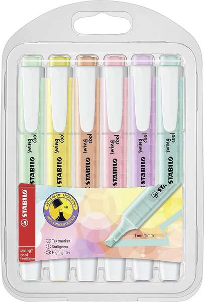 Stabilo Swing Cool Pastel Pack de 6 Marcadores Fluorescentes - Cuerpo Plano - Punta Biselada - Trazo