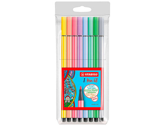 Stabilo Pen 68 Pack de 8 Rotuladores Acuarelables - Punta de Fibra - Trazo de 1mm aprox. - Tinta a B