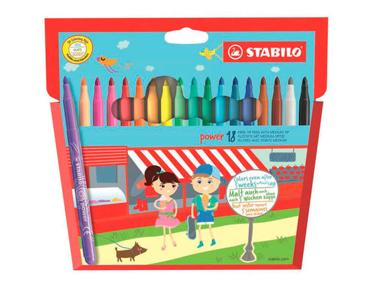 Stabilo Power Pack de 18 Rotuladores de Colores - Punta Media de 2mm - Tinta Lavable - Capuchon Vent