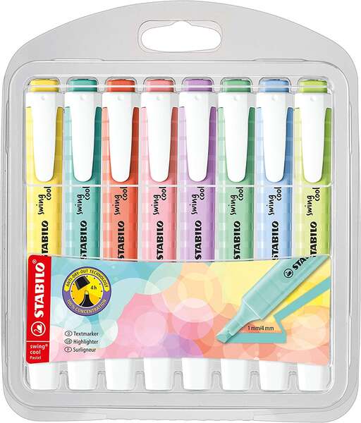 Stabilo Swing Cool Pastel Pack de 8 Marcadores Fluorescentes - Cuerpo Plano - Punta Biselada - Trazo