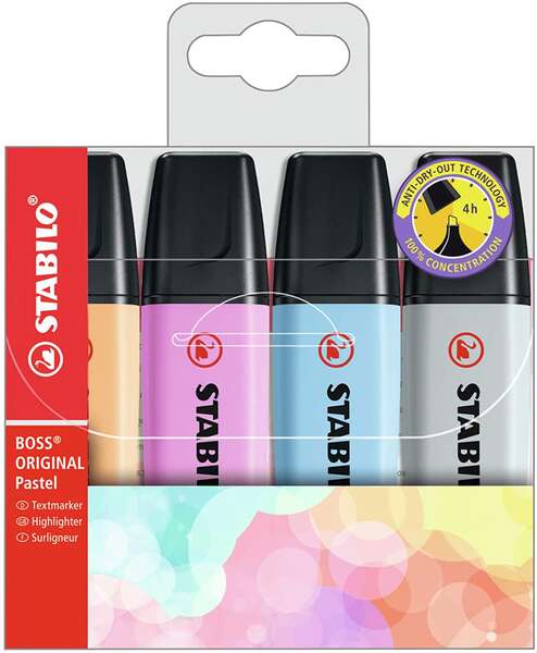 Stabilo Boss 70 Pastel Pack de 4 Marcadores Fluorescentes - Trazo entre 2 y 5mm - Recargable - Tinta