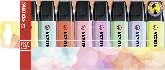 Stabilo Boss 70 Pastel Pack de 8 Marcadores Fluorescentes - Trazo entre 2 y 5mm - Recargable - Tinta