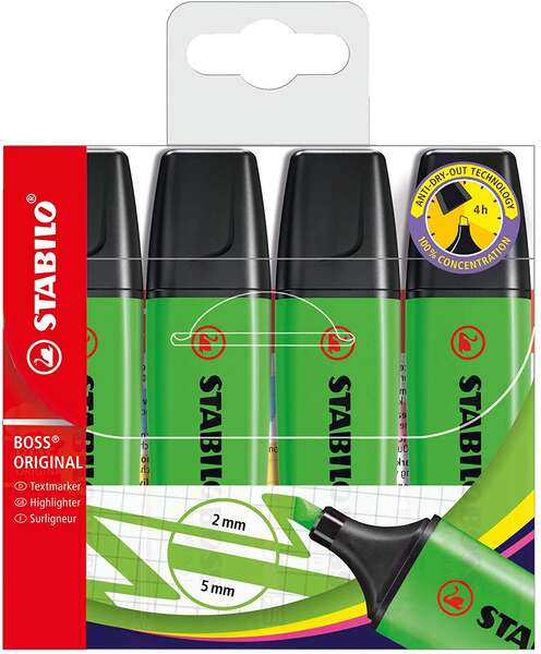 Stabilo Boss 70 Pack de 4 Marcadores Fluorescentes - Trazo entre 2 y 5mm - Recargable - Tinta con Ba