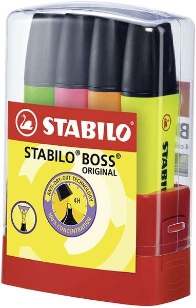 Stabilo Boss 70 Parade Set de Escritorio con 4 Marcadores Fluorescentes - Trazo entre 2 y 5mm - Reca