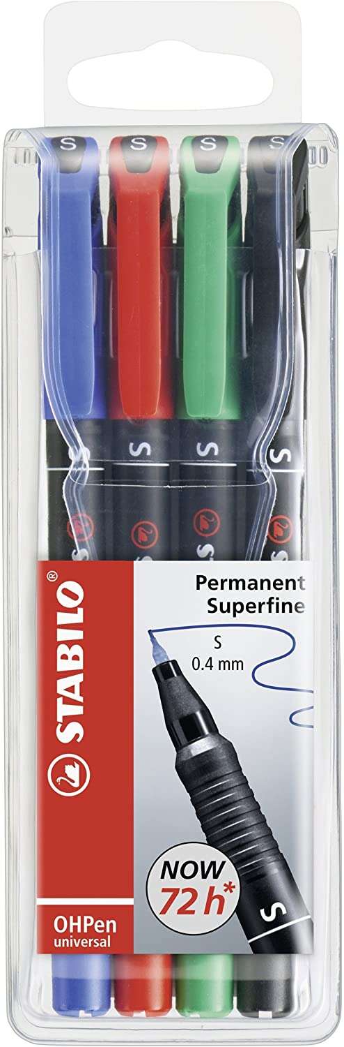 Stabilo OHPen Pack de 4 Rotuladores Permanentes - Punta Superfina - Trazo de 0.4mm - Agarre Antidesl