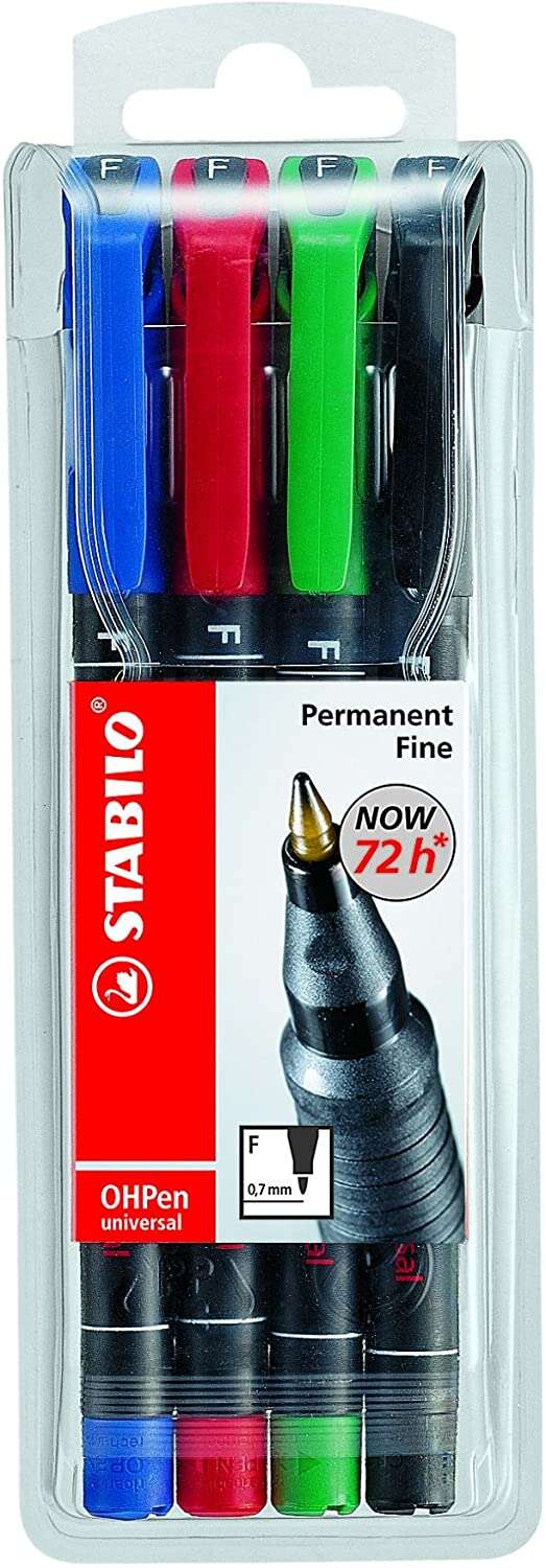 Stabilo OHPen Pack de 4 Rotuladores Permanentes - Punta Fina - Trazo de 0.7mm - Agarre Antideslizant