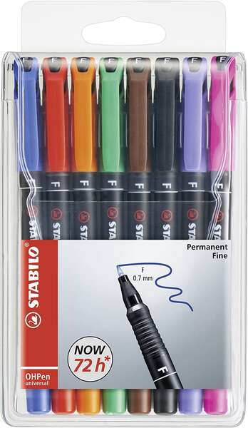 Stabilo OHPen Pack de 8 Rotuladores Permanentes - Punta Fina - Trazo de 0.7mm - Agarre Antideslizant